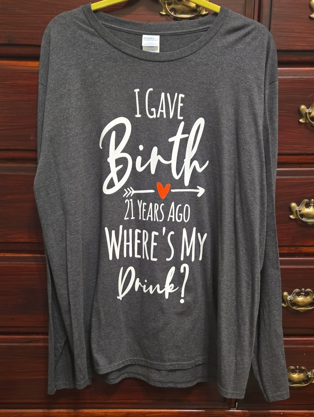 Port & Company I Gave Birth 21 Years Ago Gray Long Slv T-shirt